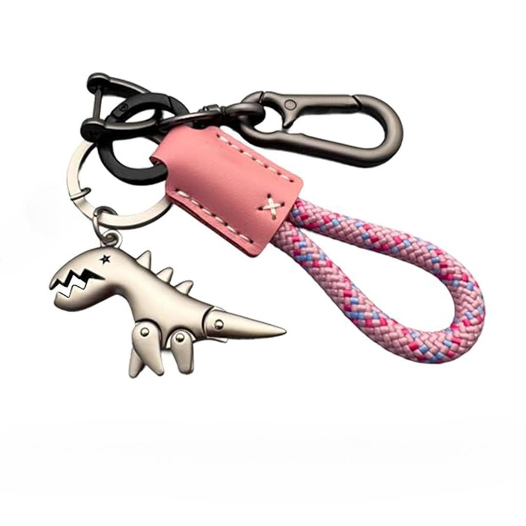 Premium Woven Leather Metal Dinosaur Keychain for Motorcycle Car Handbag Backpack Pendant Gift Accessories with Bracelet