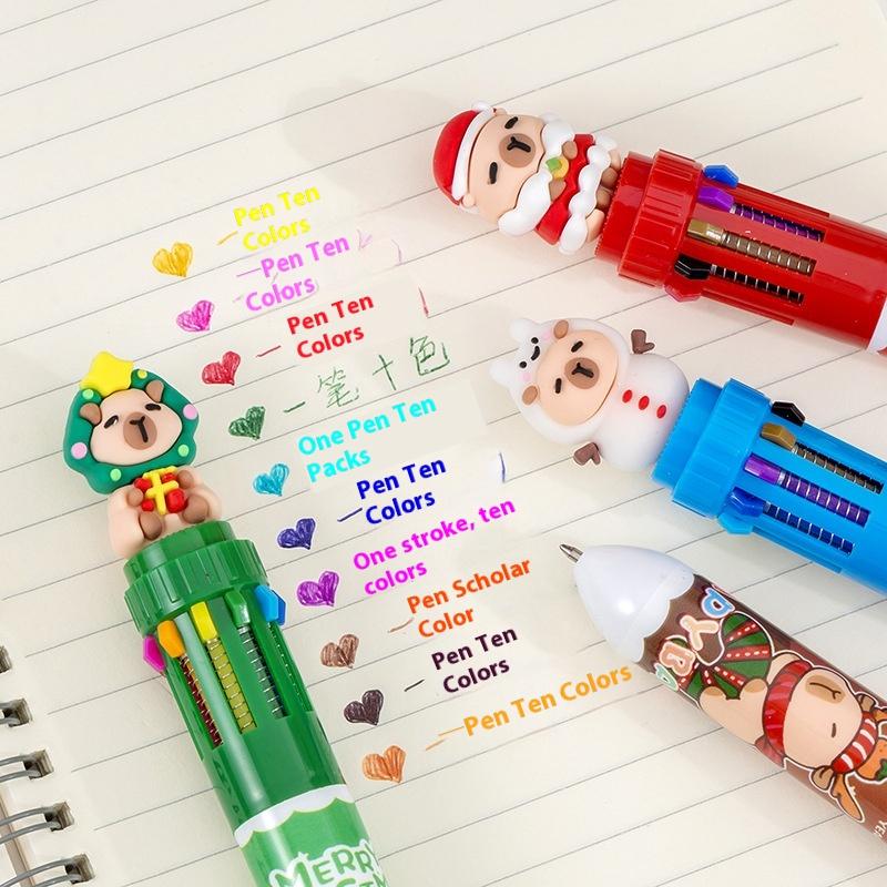 Christmas Capybara 10 Color 0.7Mm Ballpoint Pen Cute Cartoon Santa Claus Snowman Press Pen Handbook Stationery Gifts