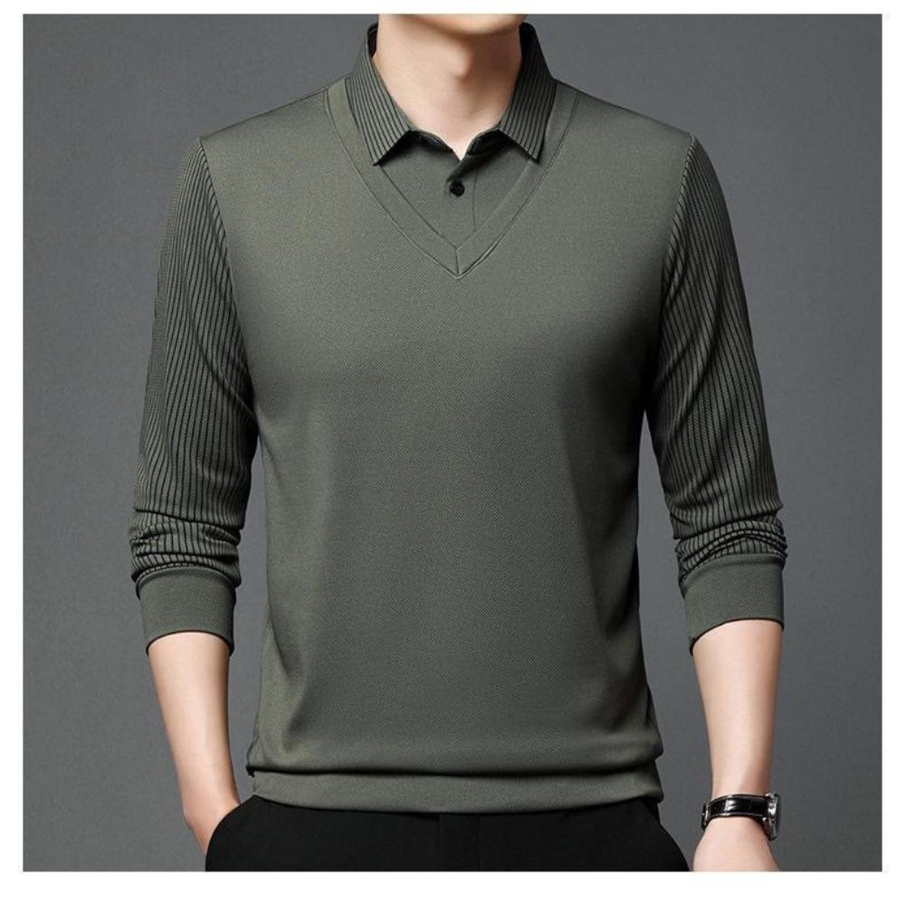 Men's Casual Long Sleeve Polo Shirt Polyester & Spandex Blend, Lapel Collar, Striped Knit Fabric with Slight Stretch, Button Detail, Spring/Fall Wear