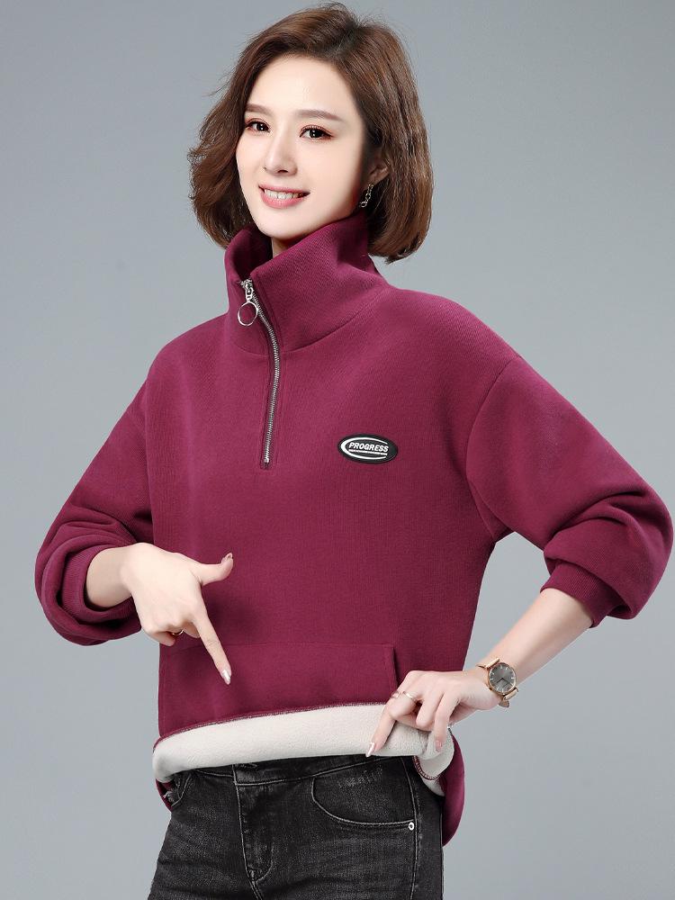 Women's Plus Velvet Thickened Half-Zip Pullover - 2023 Autumn/Winter Fashionable Loose Stand-Up Collar Sweatshirt