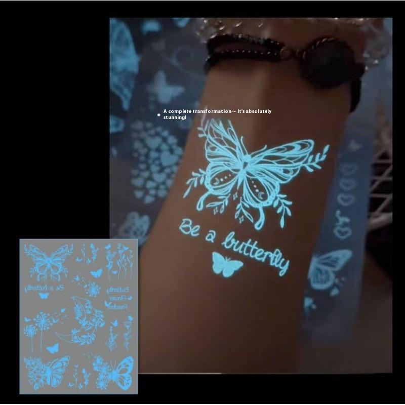 1/6 Sheets Blue Luminous Glow Tattoo Sticker Waterproof Temporary Finger Wrist Body Art False Butterfly Tattoo