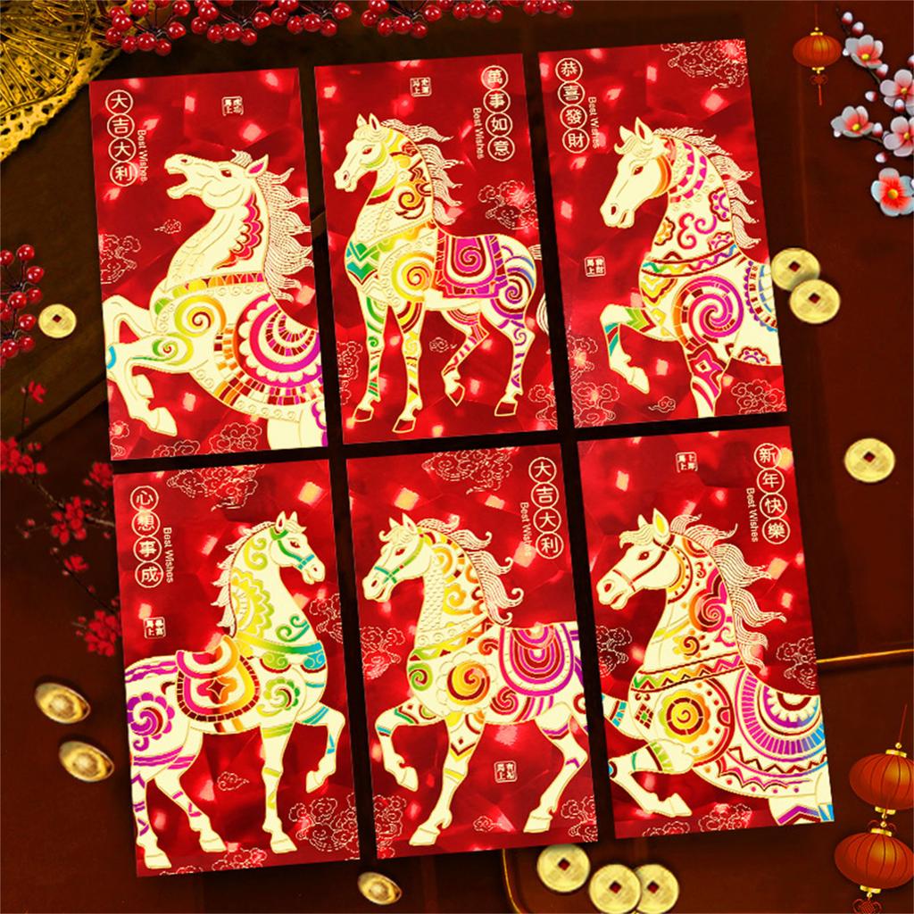 Pack of 6 Chinese New Year Zodiacs Horse Red Packet Recyclable Cartoon Animal Holiday Gift Packaging Envelopes