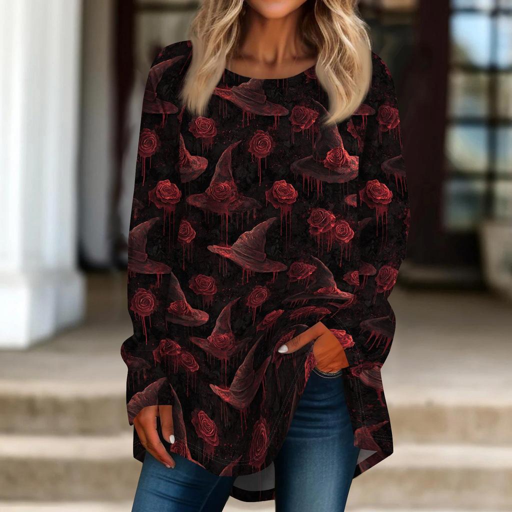 Women's Loose Fit Neck Halloween Print Long Sleeve Tunic Top