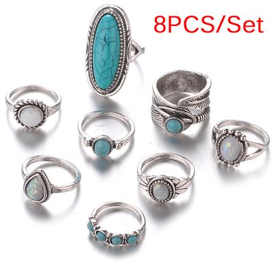 8Pcs/Set Bohemian Women Silver Turquoise Finger Rings Opal  Rings Wedding Gift