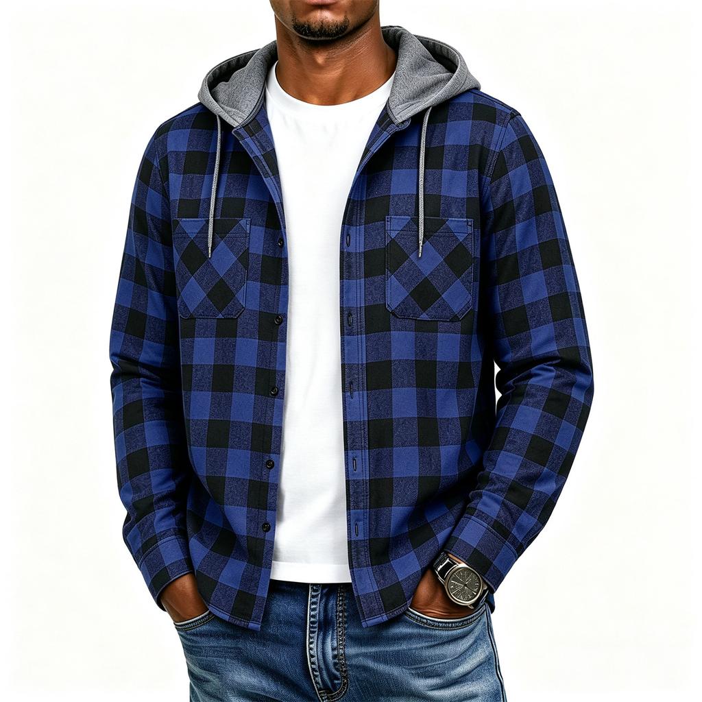 Men's Plaid Flannel Hoodie Fashion Casual Long Sleeve Pullover Sweatshirt with Hood