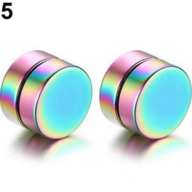 Men Fashion Round Stainless Steel Magnetic Clip On No Piercing Ear Stud Earrings