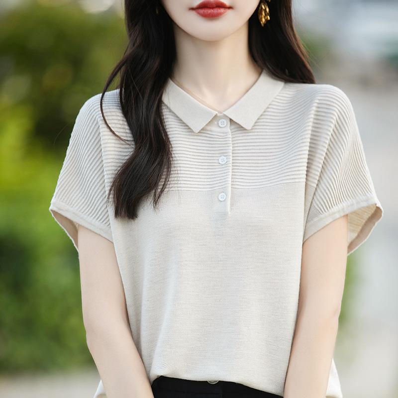 Korean Style Women's Summer Ice Silk Beaded Knit T-Shirt and POLO Vest