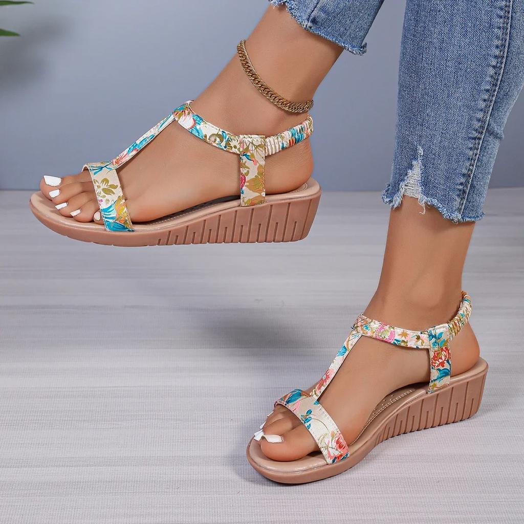 Women's Sandals Slope Heel Color Matching T-shaped Elastic Belt Women's Shoes 2024 New Fashion Outdoor Open Toe Women's Sandals