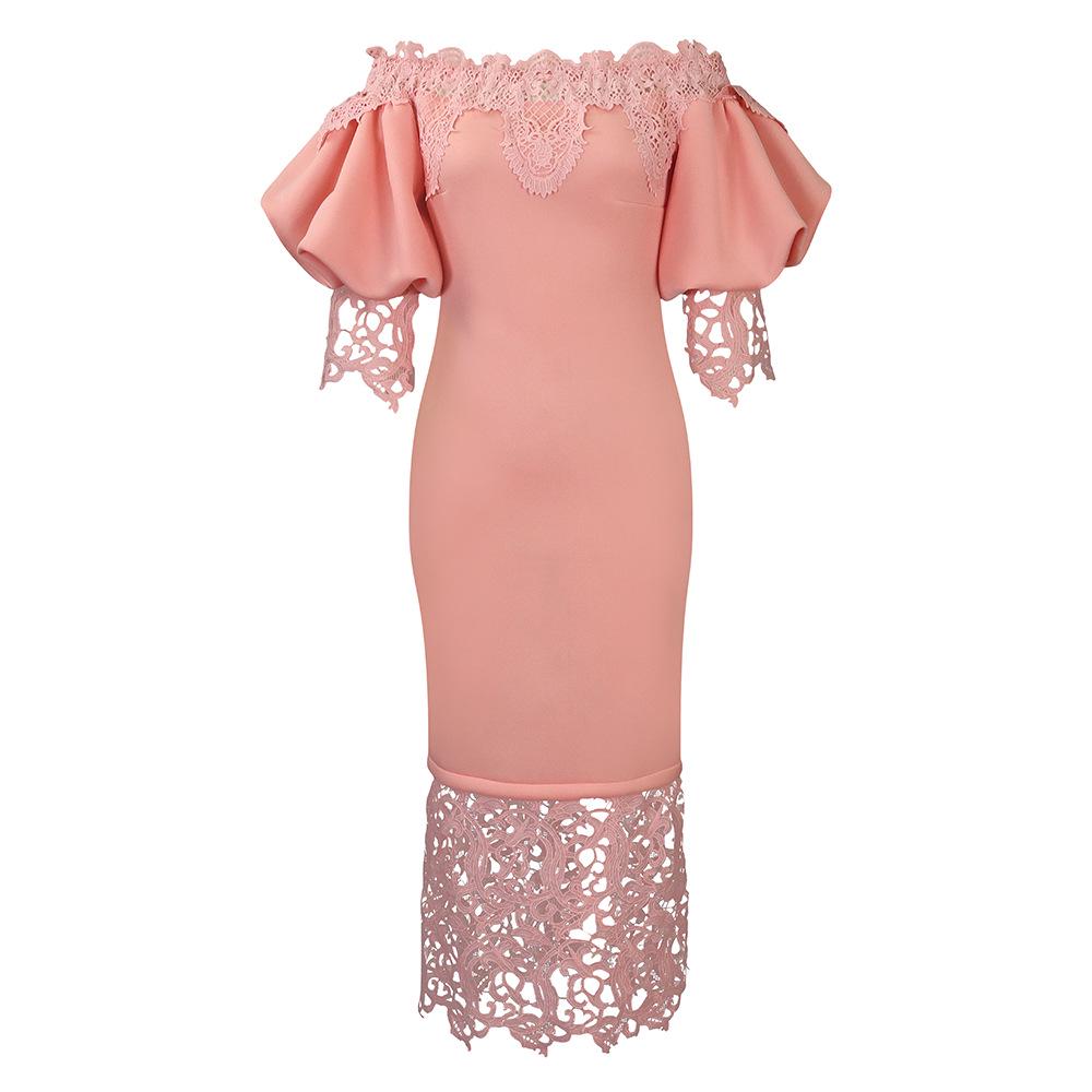 

Женское кружевное банкетное платье на одно плечо с рукавами-фонариками Small розовый