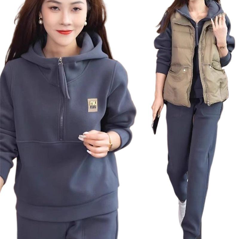 Women's Celebrity Style Fleece-Lined Sportswear Set - Autumn/Winter 2025 Two-Piece Sweatshirt Set