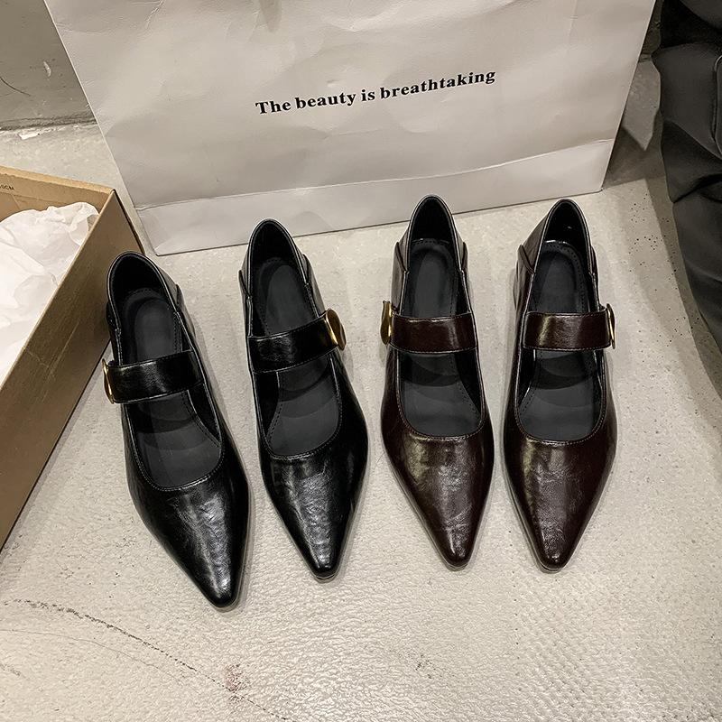 Sapatos únicos de salto grosso francês com velcro de boca rasa para mulheres 2025 outono novo bico fino estilo estrangeiro versátil Mary Jane sapatos de couro pequenos