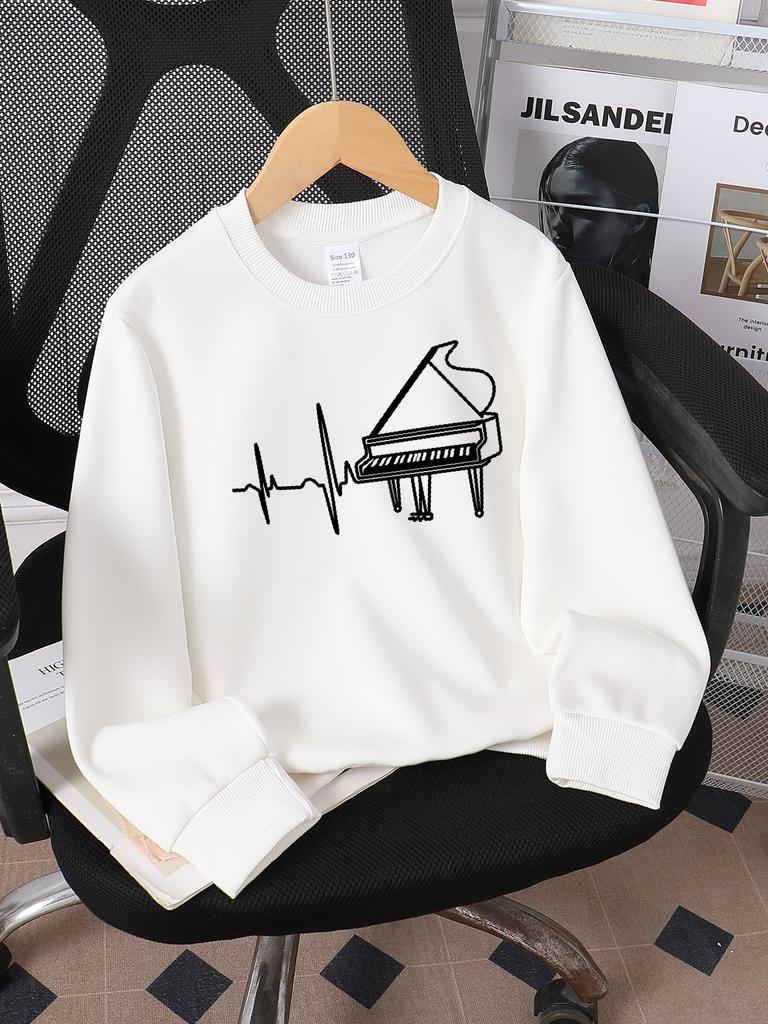 Kids Crewneck Sweatshirt, Piano Heartbeat Music Graphic Print, Spring Autumn Casual Sport Tops