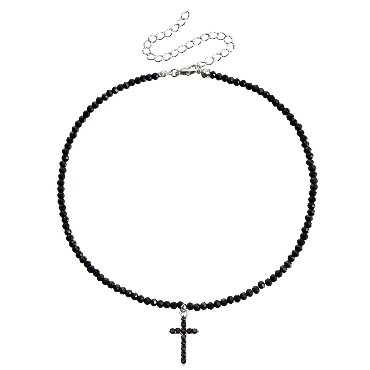 

Аксессуары, Минималистичное ожерелье-чокер с подвеской в виде креста из черных бусин, имитирующих хрусталь