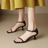 New women's one-word sandals women's square head comfortable beef tendon soft sole large size summer sandals women's leather medium heel solid color