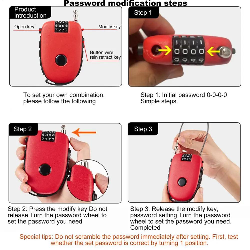 605 Steel Cable Lock 130cm Retractable 4-Digit Combination Lock Portable for Stroller Variable Speed Bike
