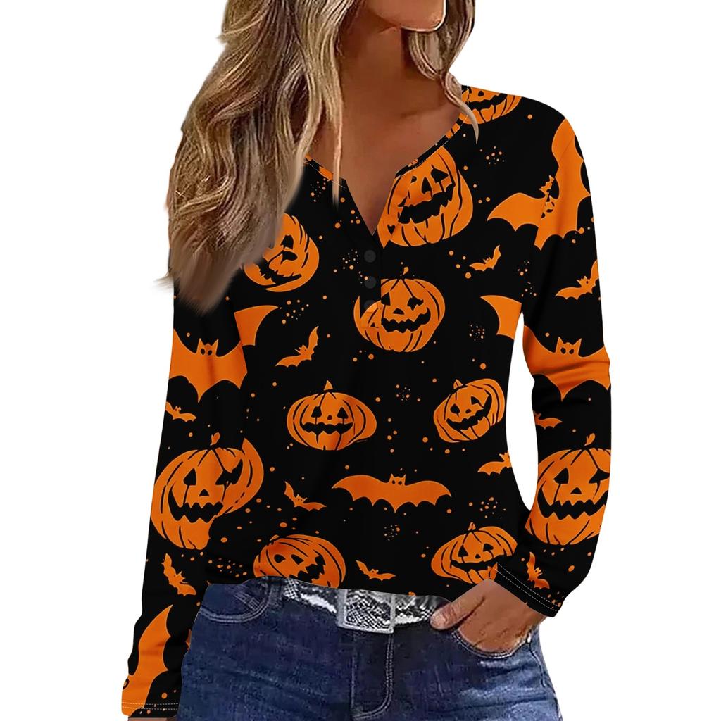 Women's Fashion Casual Halloween Printed V-Neck Button Trim Long Sleeve T-Shirt Top