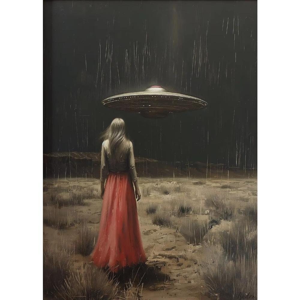 Surreal Cosmos Space UFO Sci Fi Poster Vintage Astronaut Alien Desert Canvas Painting Trendy Wall Art for Living Room Home Decor