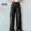 Women Cargo Pants Mid-rise Button Zipper Waist Casual Trousers with Multi Pockets Straight Leg Loose Fit Solid Color Long Pants