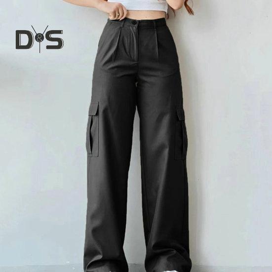 Women Cargo Pants Mid-rise Button Zipper Waist Casual Trousers with Multi Pockets Straight Leg Loose Fit Solid Color Long Pants