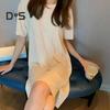 Lady Summer Dress Round Neck Loose Solid Color Short Sleeves Ice Silk Casual Clothes Homewear Pajamas Knee Length Nightdress
