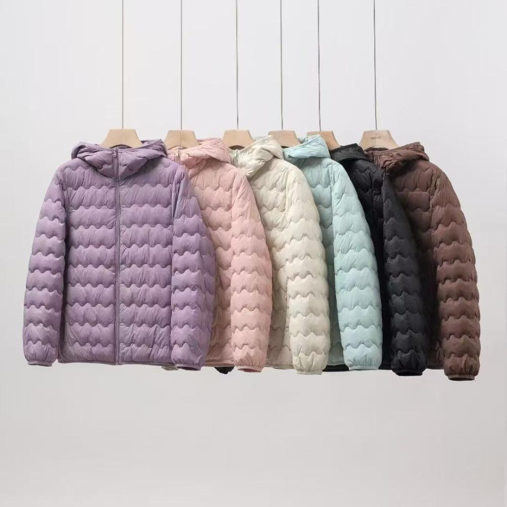 Women's Hooded Long Sleeve Loose Fit Lightweight Short Down Jacket Wave Quilted Puffer Outerwear