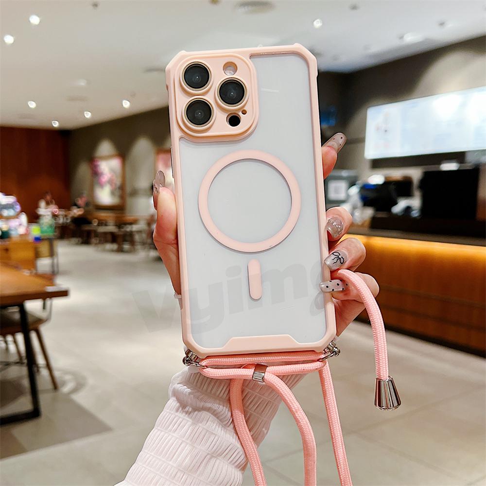 Carcasă de telefon transparentă magnetică cu curea pentru iPhone 15 14 13 12 11 Pro Max Plus pentru Magsafe Crossbody Lanyard Hard Acrylic Cover