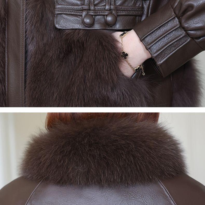 Autumn Winter Women's Faux Fur Coats Stitched Artificial Fox Fur Collar Fur Coat Short Slim Down Leather Jacket