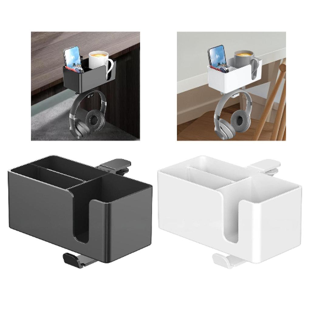 Phone Pen Storage Box 4 in 1 Desk Cup Holder Clamp on Under Desk Headphone Hanger for Workstation Coffee Mug Dorm NightStand