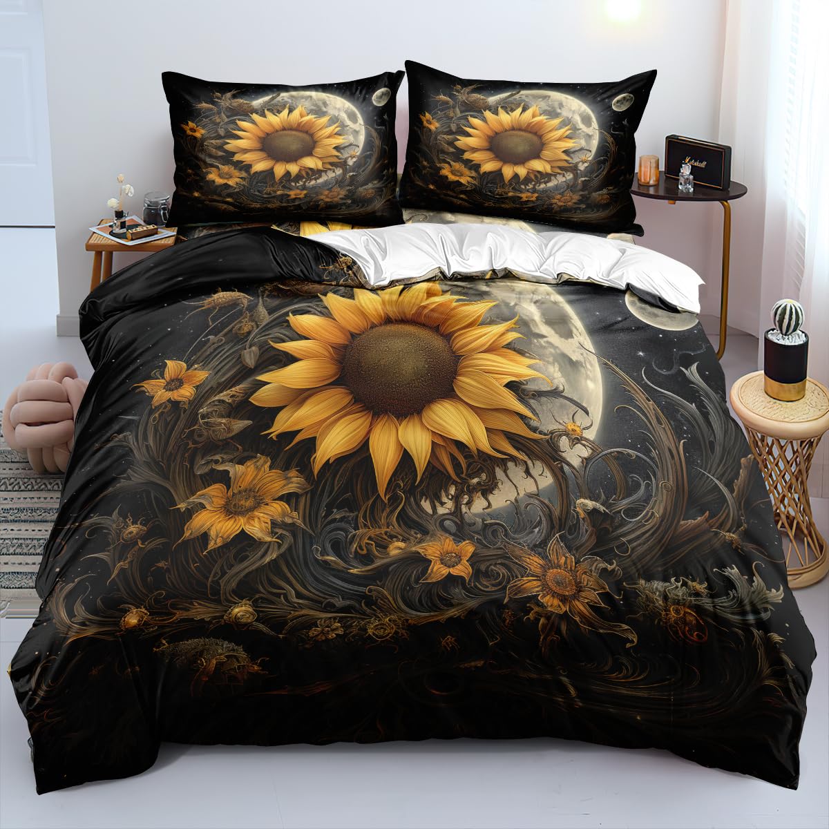 

Sunflower Bedding Set for Kids Girls Boys Black White Milk Cow Print Comforter Cover Spring Summer Floral Duvet Cover EU Single(135x200cm)