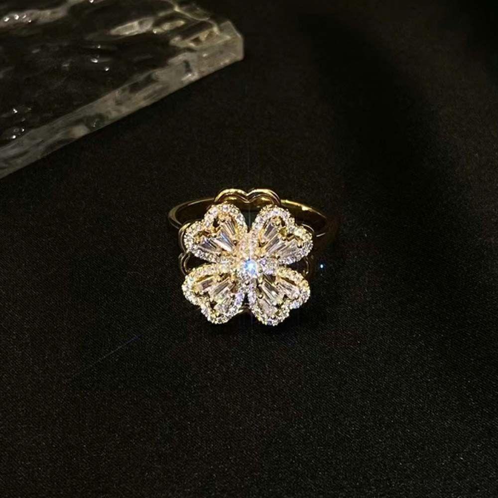 Silver Color Spinning Zircon Rings Women Finger Rings Four-leaf Clover Rings Korean Style золотой