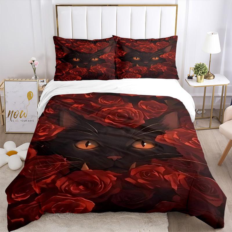 3pcs Black Cat Roses Duvet Cover Set - Machine Washable, Includes 1 Cover and 2 Pillowcases, No Core Included yy251013077