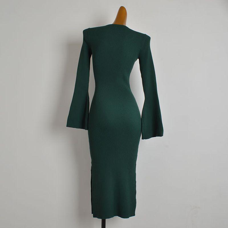 Outer Single Solid Color Square Collar Bell Sleeve Knitting Dress Women's Fall and Winter Fancy Mid Length Long Length Sheath Slit One-Step Skirt