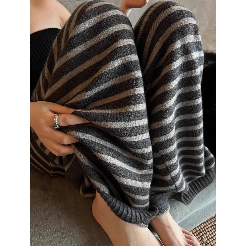 Women's Thick Wool Striped Pants - Cozy Knit Casual, Black Gray Floor-Length for Autumn/Winter.