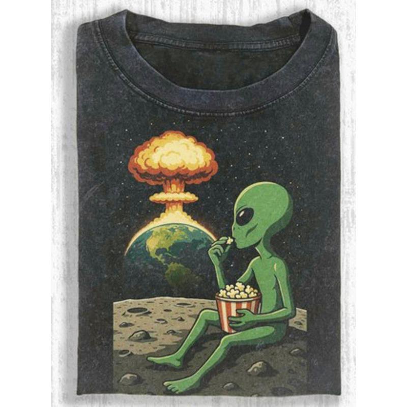 

Neutral Playful Vintage Tee Featuring Designs of The, an Alien Munching on Popcorn, And a Nuclear Blast on Earth, Plus Size 2XL чёрный