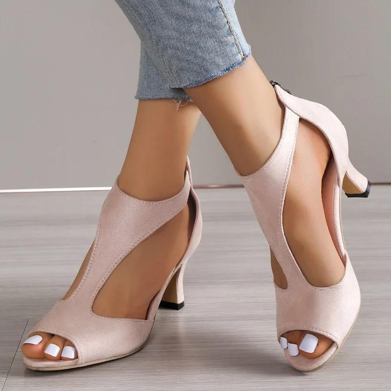 Fashion Women's Shoes 2024 Peep Toe Women's Sandals Cover Heel Dress Sandals Women Round Toe Back Zip High Heels Plus Size Shoes Women