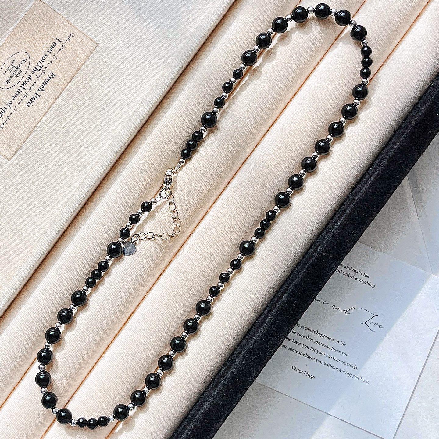 Vintage High Quality Natural Black Agate Design Sweater Chain Necklace Collarbone Chain Women