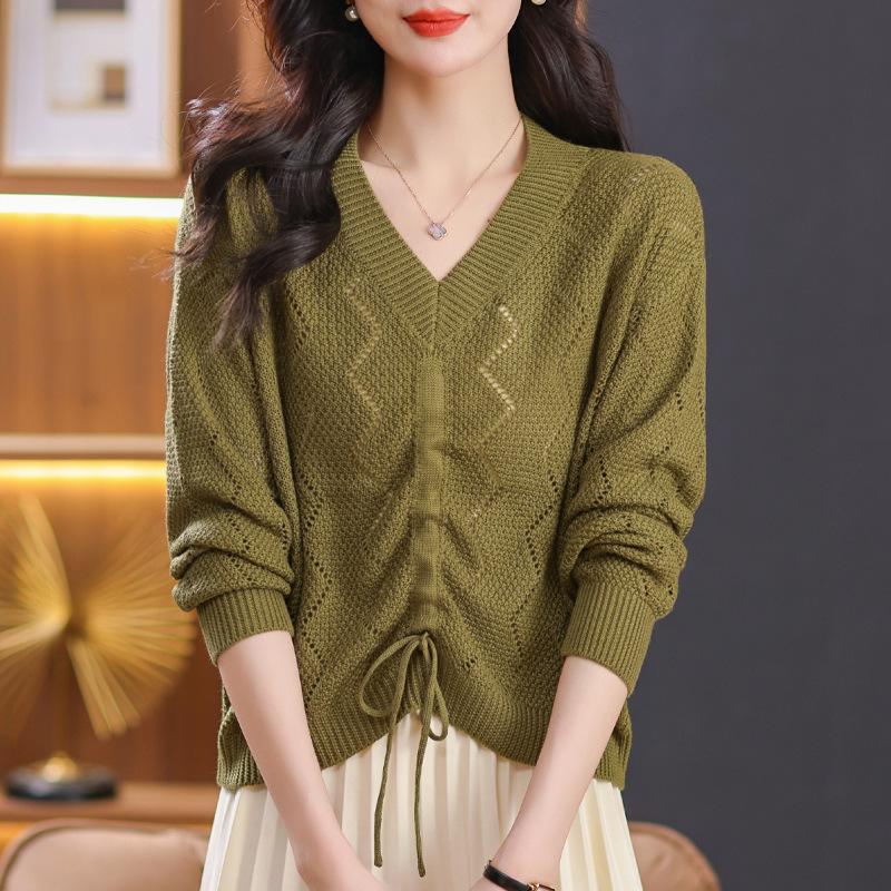 Fashion temperament drawstring top Hollow design Simple long-sleeved solid color v-neck knitted sweater Skinny women's summer