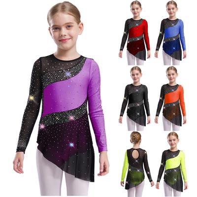 Dívčí rytmická gymnastika dres s dlouhým rukávem, průsvitný síťovaný patchwork, třpytivé kamínky šaty