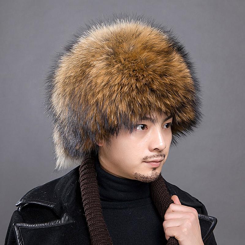 Fox Fur Hat Men's Winter Fur Mongolian Cap 100% Genuine Fox Fur Bomber Hats Warm Ear-protecting Ski Hat