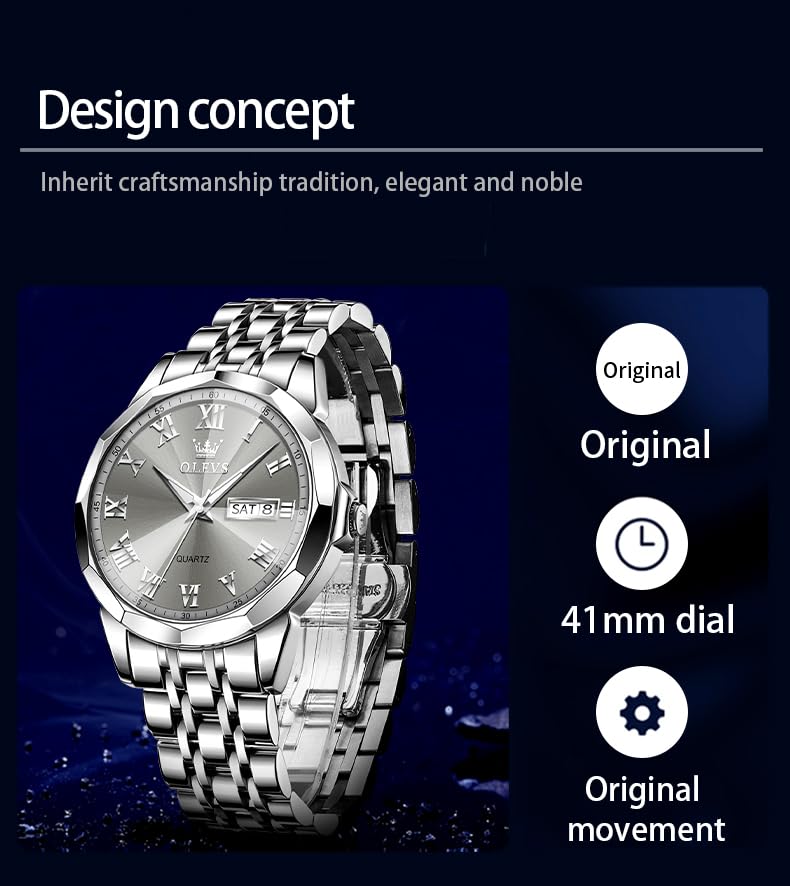 OLEVS Business Analog Silber Grau Beliebte Zeigeruhr für Edelstahl Cool Silber Herren Leicht ablesbare Zeiger Lässige Herrenuhr, Wasserdicht, Leuchtend,