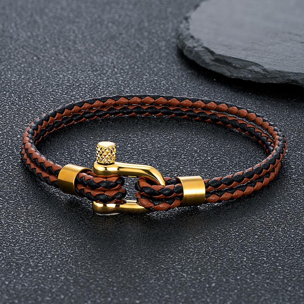 Gold Plated Stainless Steel Shackle Bracelet Men Women Simple Double Layer Braided Blue Leather Bracelets Handmade Gifts