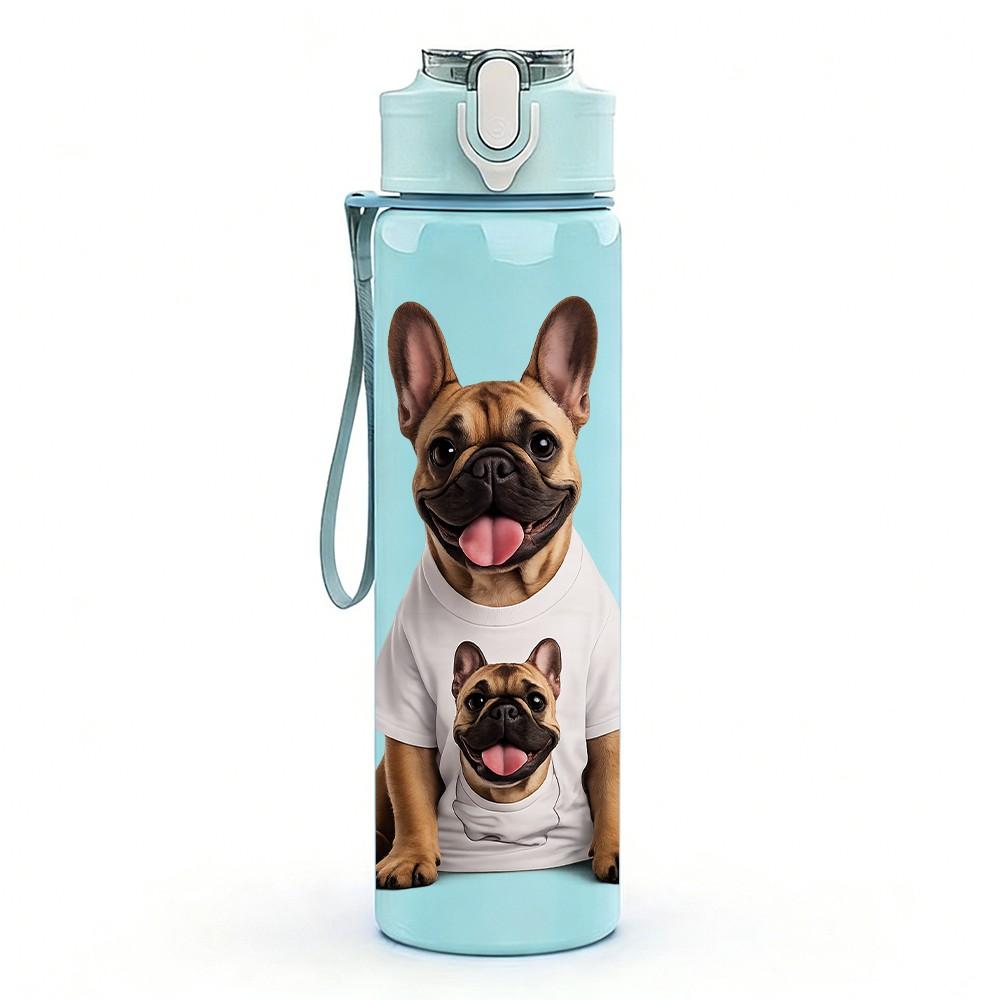 1PC French Bulldog Colorful Print 750ml Color Plastic Sports Water Bottle Leakproof Flip Straw Lid Suitable for Sports Office Home Use