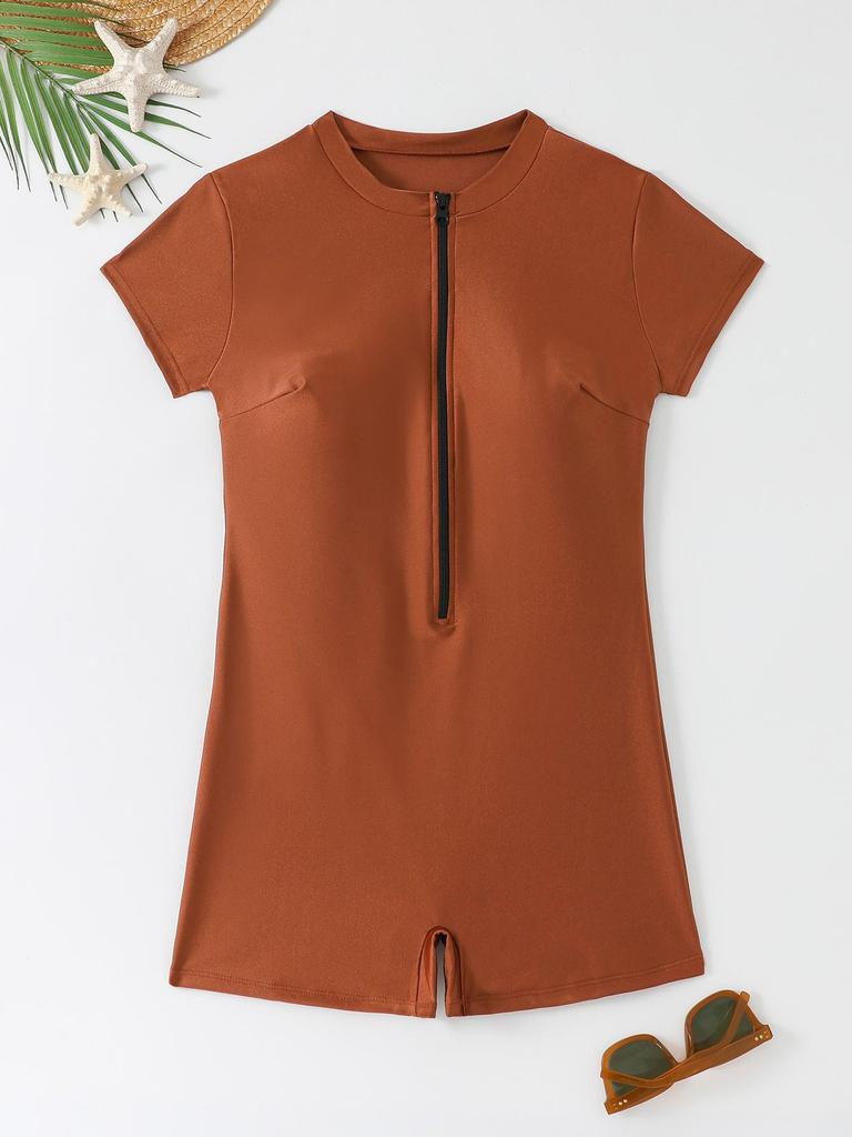 2026 Women's Fashion Solid Zipper Short Sleeve One-Piece Swimsuit
