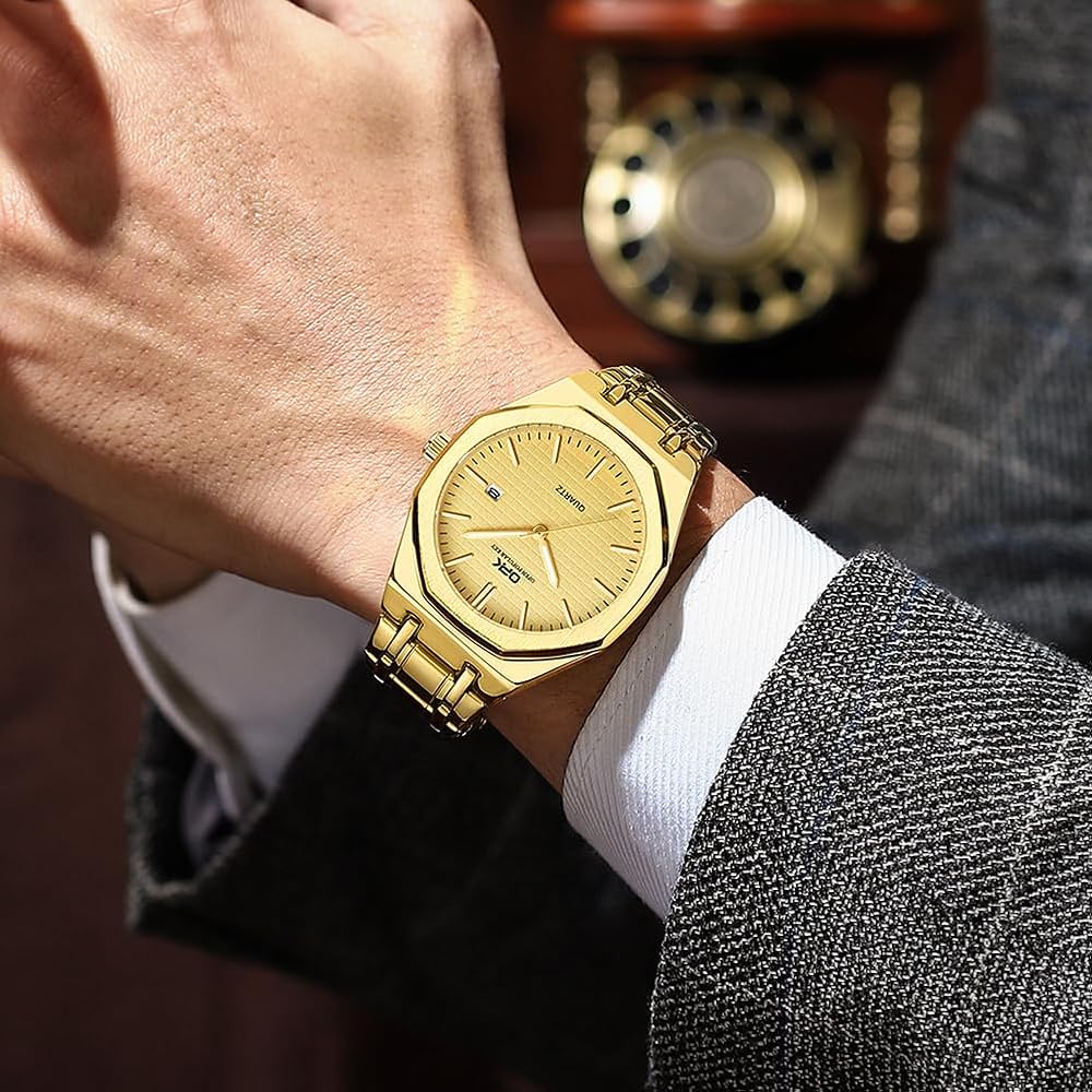 Men's Quartz Business Watch Gold Stainless Steel 40mm Round Octagonal Bezel with Calendar and Luminous Hands