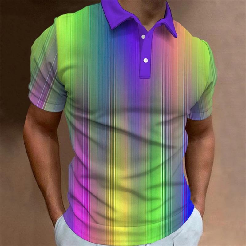 Full Print Fashion Polo Shirt For Men Summer Short Sleeve Button Collar Colorful Stripe Pattern Shirt New In Men's Tennis Tshirt