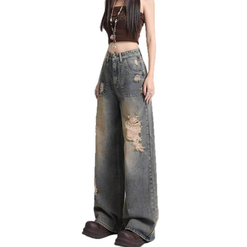 Big Size Broken Hole Wide Leg Denim Trousers Women Autumn Design Sense High Waist Hundred Versatile Loose Straight Trousers Long Denim Pants