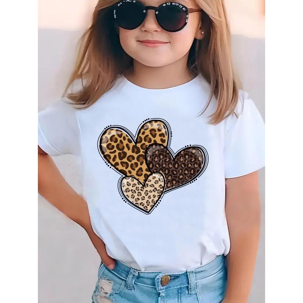 Dětské tričko s potiskem srdíček Leopardí láska Srdce Trendy Roztomilé Letní Top s kulatým výstřihem Módní Grafické tričko s krátkým rukávem Oblečení