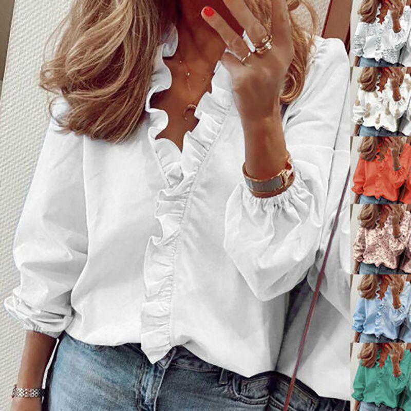 Elegant Womens Long Sleeve Shirts Blouse With Ruffle V Neck And Plus Size Options
