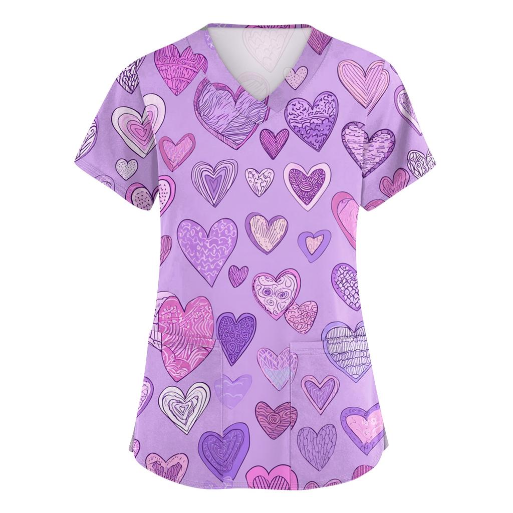 Women's V,neck Valentine's Day Printed Short,sleeved Pocket Side,slit Protective Suit Top