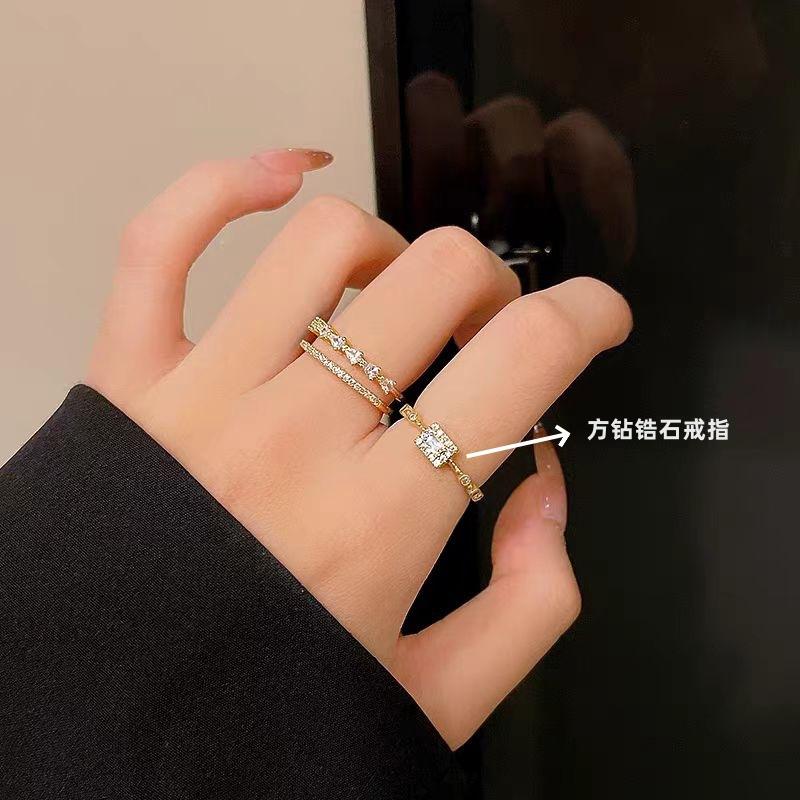 Micro square diamond ring cold wind Internet celebrity explosion adjustable tide ins double zircon index finger ring tide